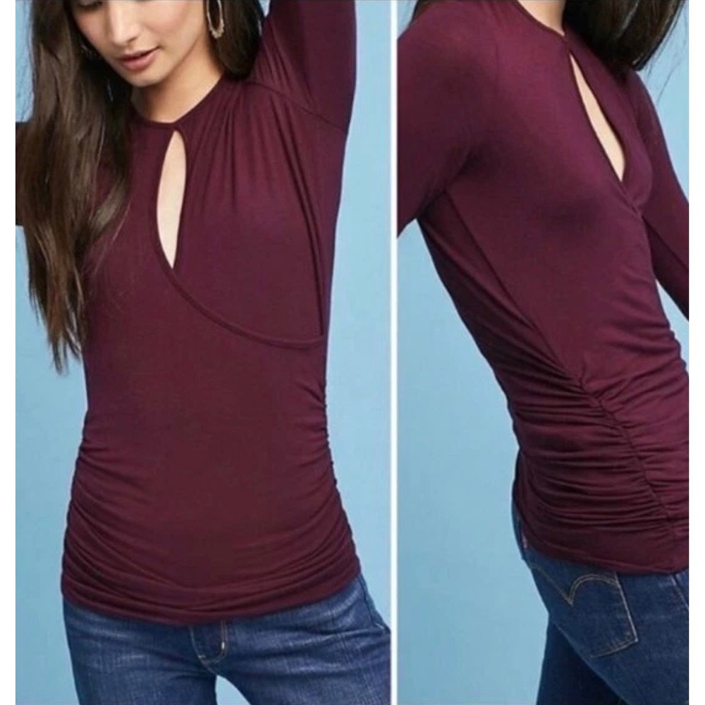 Vanessa Virginia Top Small Burgundy Keyhole Ruched Long Sleeve Anthropologie
